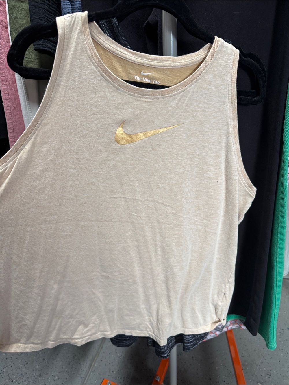 Nike Women's Beige Tank Top with Gold Swoosh